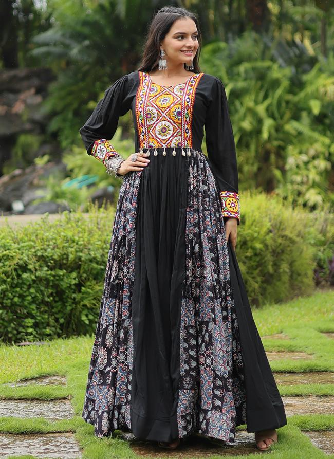 Rayon Black Navratri Wear Gamthi Work Readymade Gown